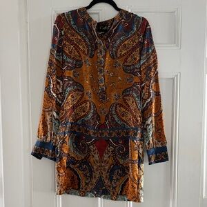 Silk Paisley Print Tunic Dress in Mustard and Navy